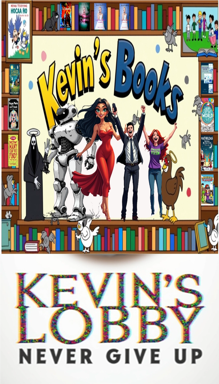 “Promotional banner for Kevin’s Lobby digital book store featuring cartoon characters, book covers, and the slogan ‘Never Give Up’.”